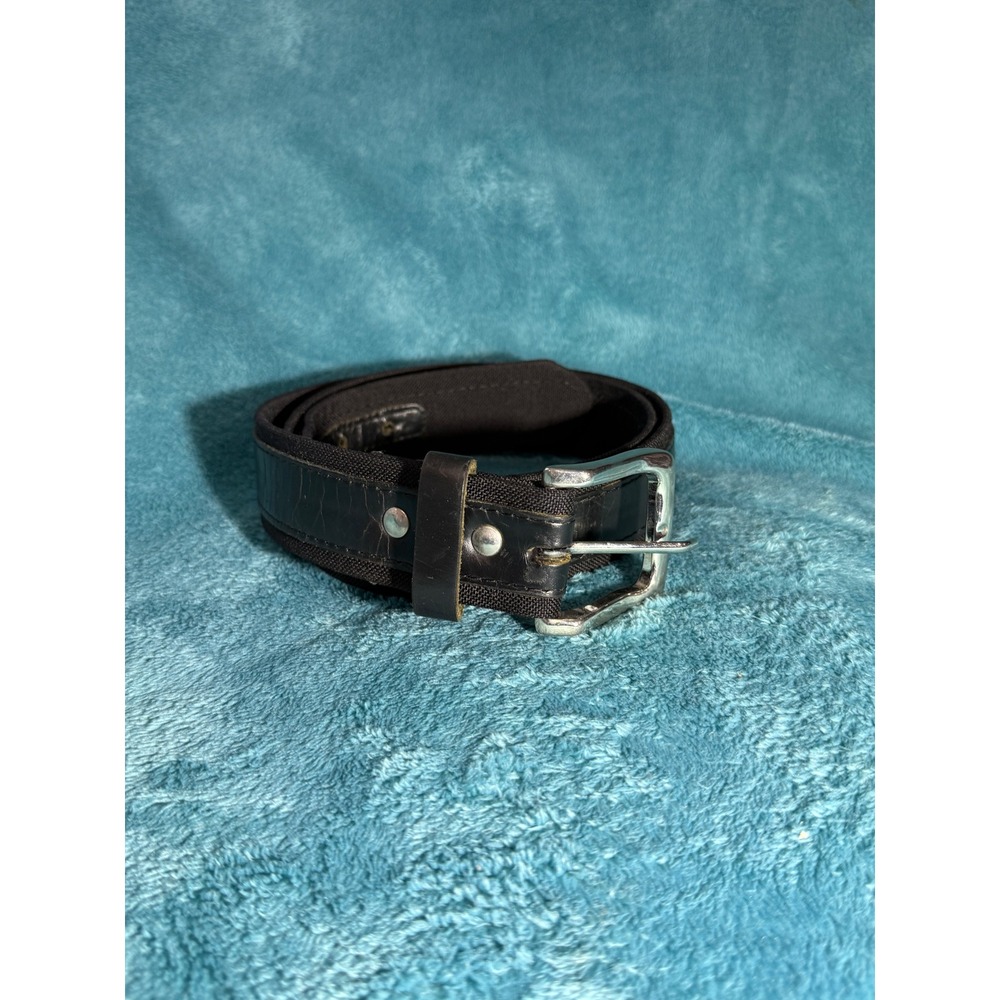 Mens Black Canvas and Faux Leather Belt Silver Buckle Casual Workwear Accessory